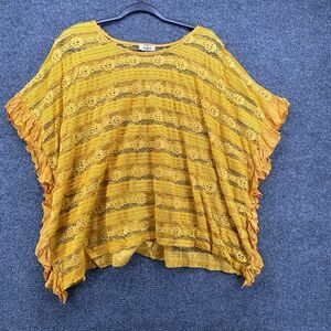 UMGEE Poncho Top Large Yellow Lace Pullover Round Neck Ruffle Boho Hippie 90s